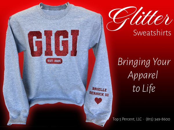 Custom glitter print shirts and apparel in Joliet Illinois
