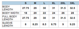 Sublivie apparel size chart