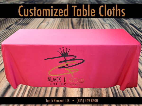Custom table cloth printed with a company name for events in Joliet Illinois