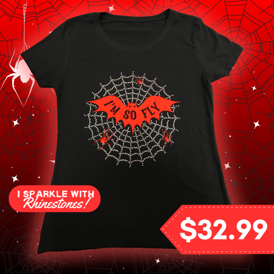 Rhinestone Halloween 'I'm So Fly' Spiderweb & Bat T-Shirt